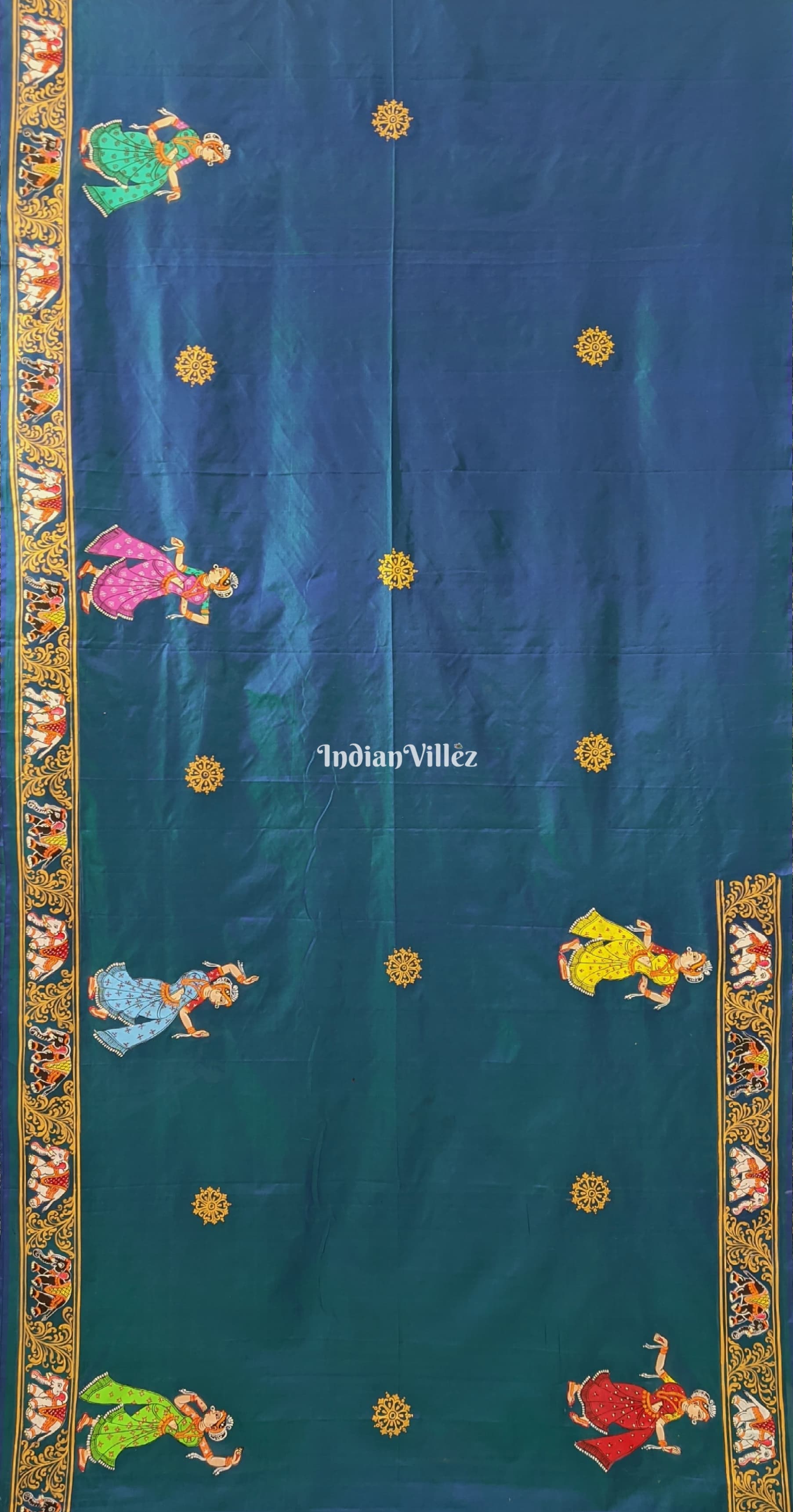 Peacock Green Dual Tone Kandarpa Hasti Hand-Painted Pattachitra Saree