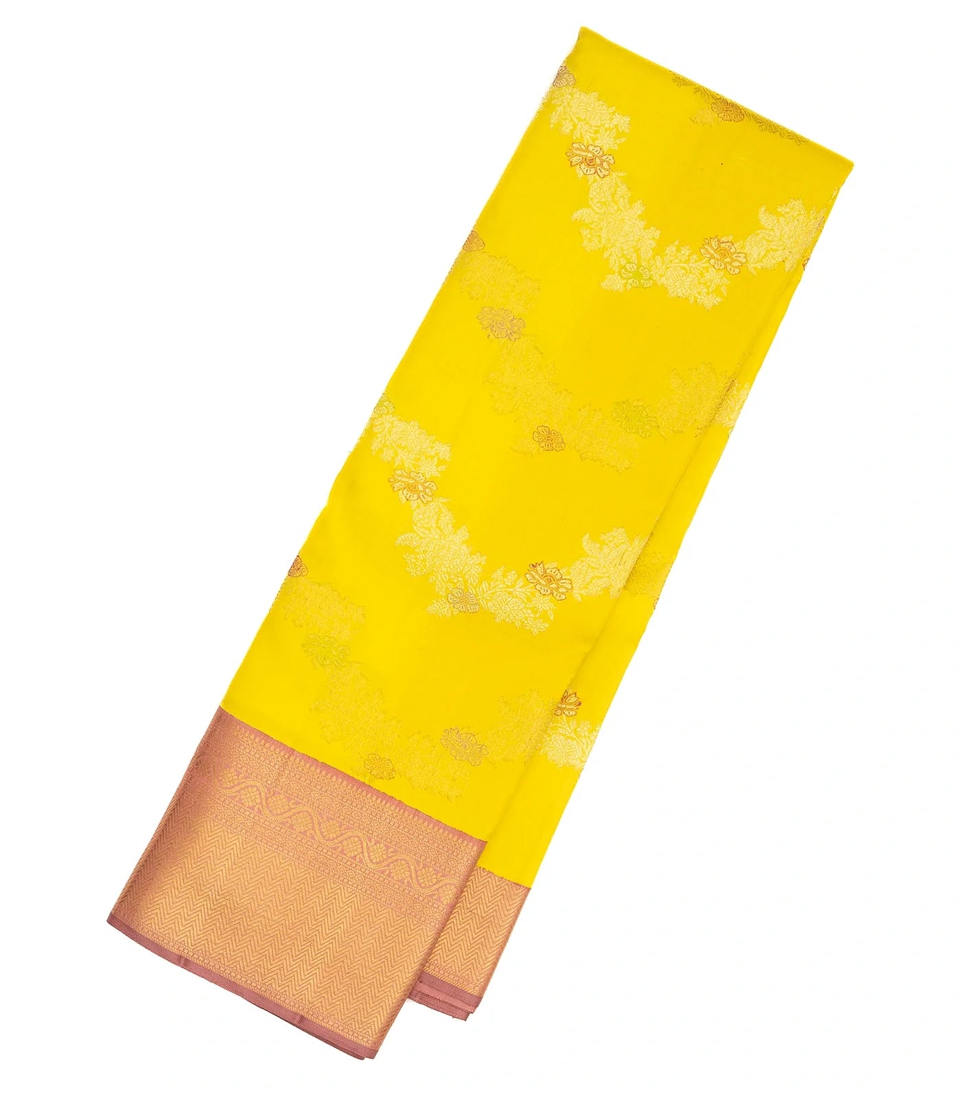 Yellow Handloom Kanchipuram Korvai Silk Saree With Meena Floral Motifs