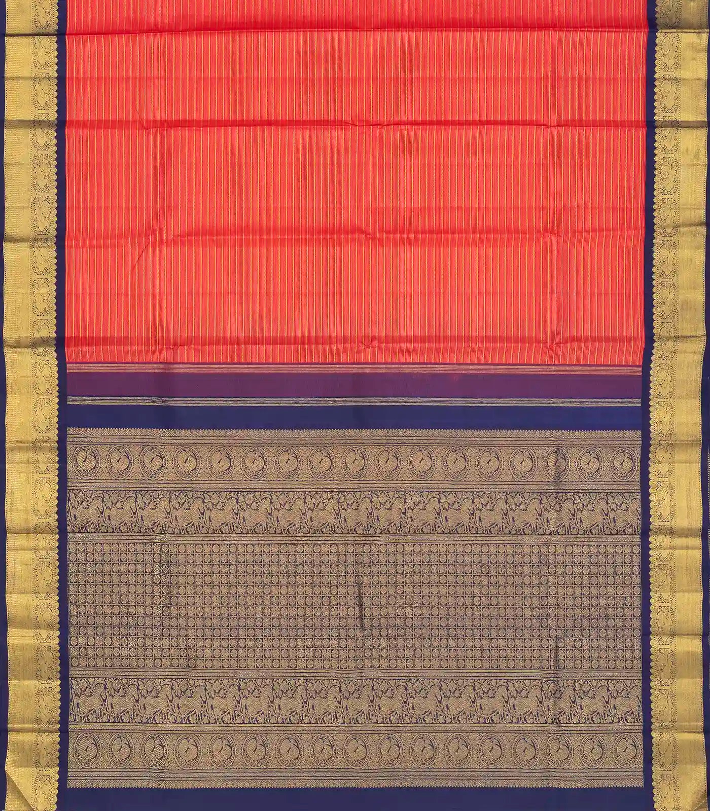 Red Handloom Kanchipuram Korvai Silk Saree With Zari Stripes