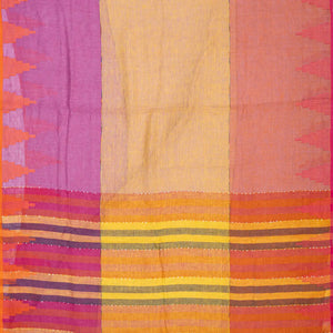Multi-colour Muppagam Handloom Linen saree with Temple Border
