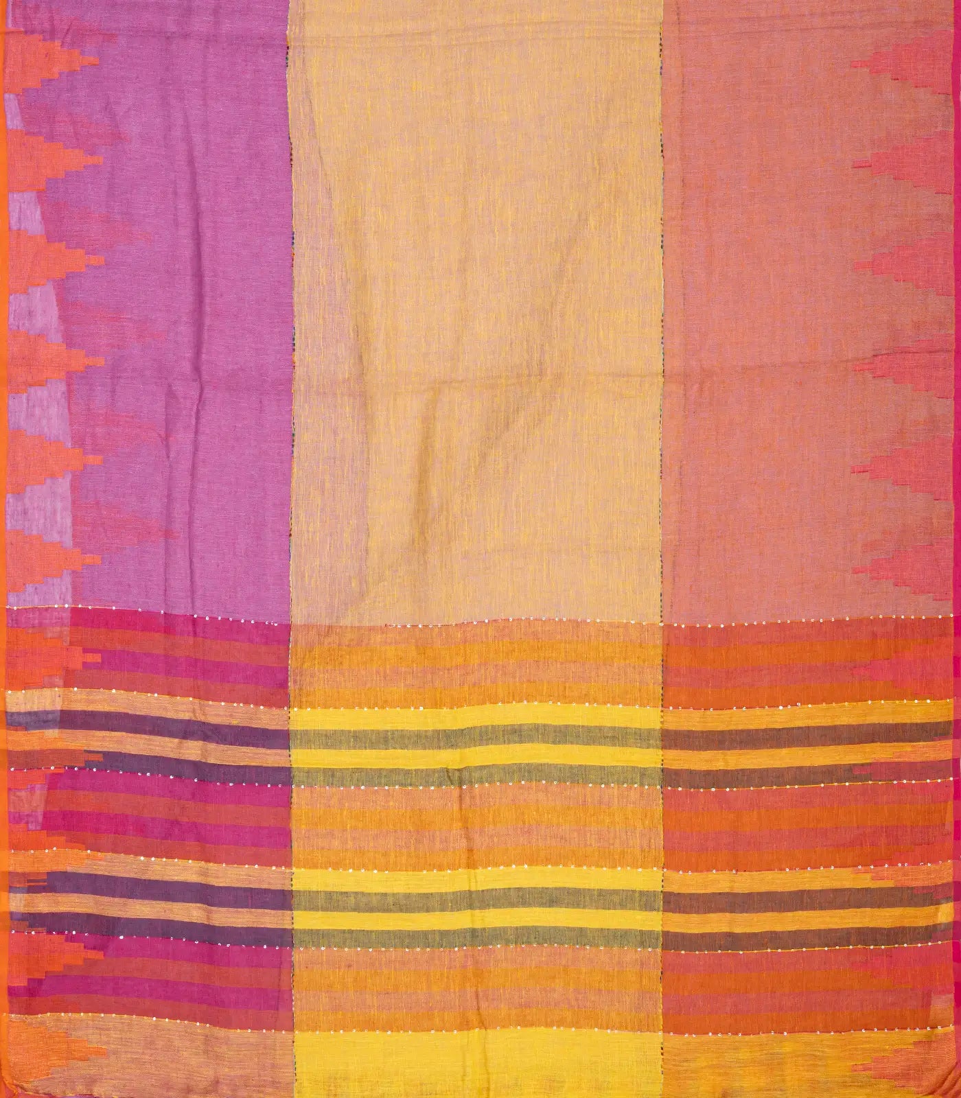 Multi-colour Muppagam Handloom Linen saree with Temple Border