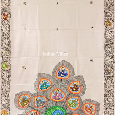 Off White PEACOCK (Mayur) & Nartaki Theme Pattachitra Silk Saree