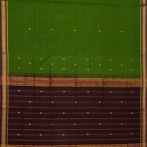 Green Handloom Kadapa cotton saree adorned with red Meenakari buttis