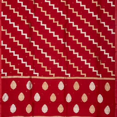 Red Woven Organza Silk Saree With Chevron Motifs