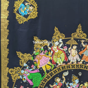 Navy Blue Odisha Pattachitra Art on Kerala Silk Saree