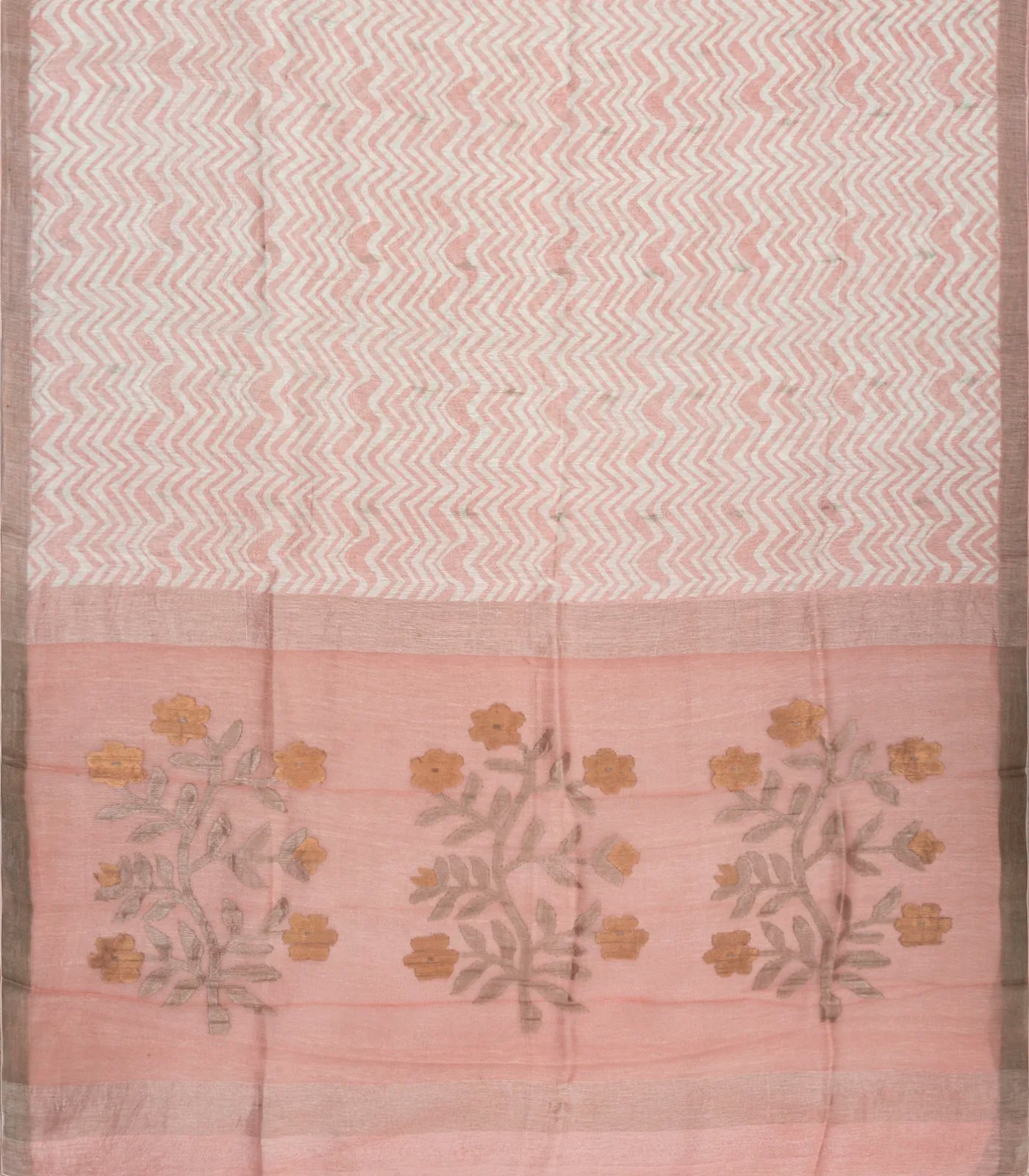 Baby Pink Handloom Tussar Linen Silk Saree With Chevron Motifs