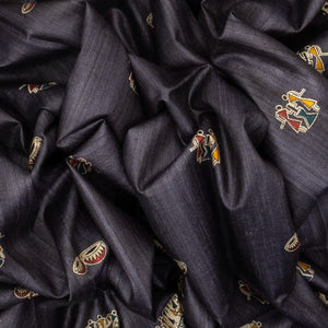 Dark Grey Handloom Tussar Silk Saree With Printed Tribal Motifs