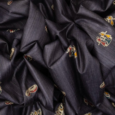 Dark Grey Handloom Tussar Silk Saree With Printed Tribal Motifs