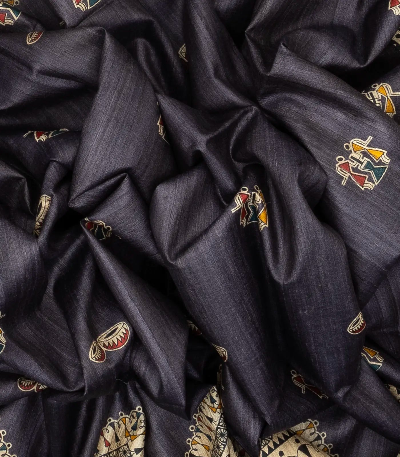 Dark Grey Handloom Tussar Silk Saree With Printed Tribal Motifs