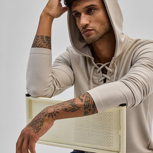 Beige Lace-Up Textured Hoodie