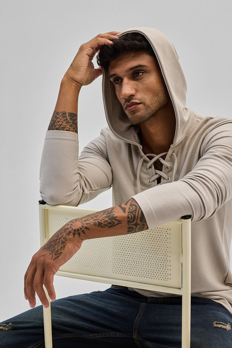 Beige Lace-Up Textured Hoodie