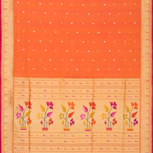 Orange Handwoven Banarasi Silk Saree With Floral Motif Buttas