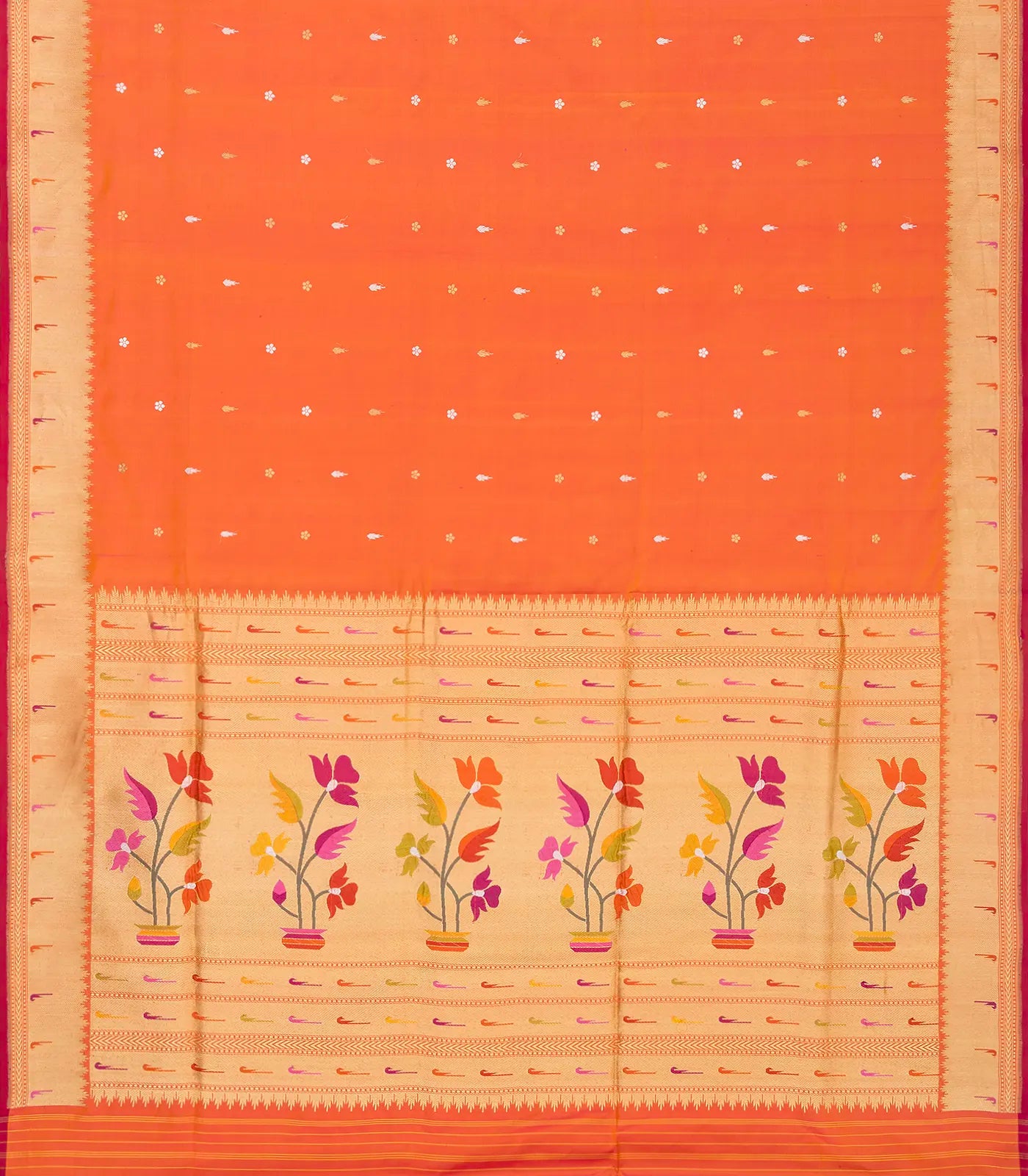 Orange Handwoven Banarasi Silk Saree With Floral Motif Buttas