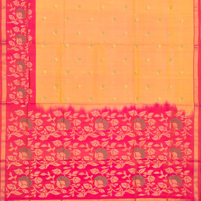Orange Handloom Uppada Silk Saree With Floral Buttas & Pink Border