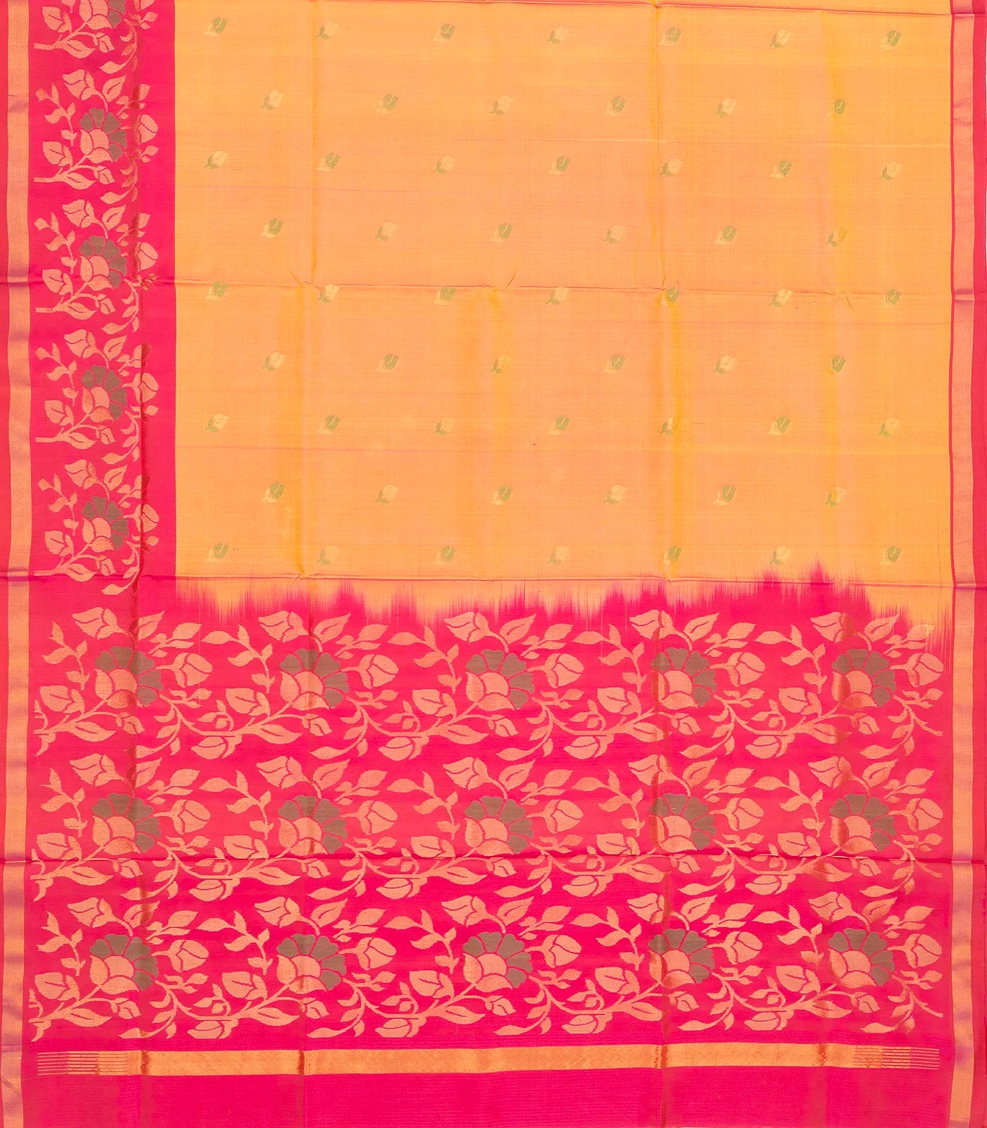 Orange Handloom Uppada Silk Saree With Floral Buttas & Pink Border