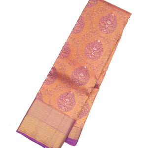 Peach Handloom Kanchipuram Silk Saree With Meena Floral Motifs