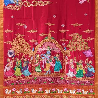 Radha Krishna Hand-Painted Pattachitra Saree