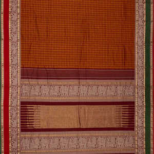 Rust Handloom Kanchi Cotton Saree With Annam Chakaram Checks