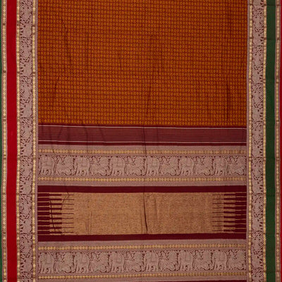 Rust Handloom Kanchi Cotton Saree With Annam Chakaram Checks