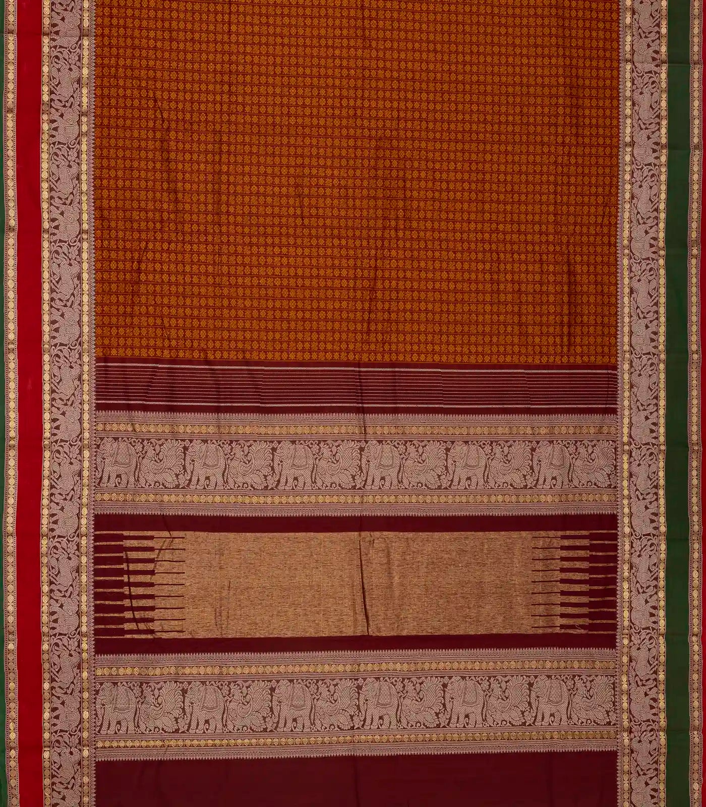 Rust Handloom Kanchi Cotton Saree With Annam Chakaram Checks