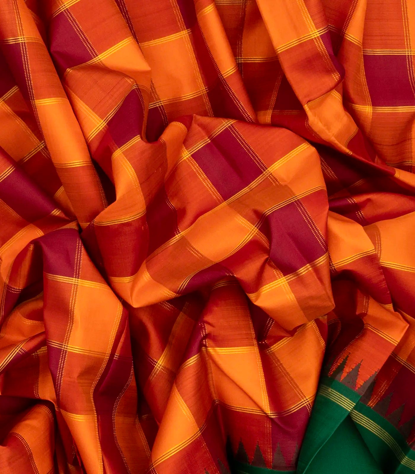 Crimson & Orange Handloom Kanchipuram Korvai Silk Saree With Checks