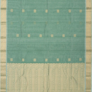 Light Green Handloom Kanchi Cotton Saree With Kolam Butta And Animal Motifs.