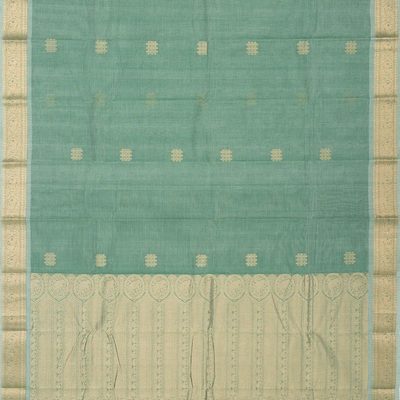 Light Green Handloom Kanchi Cotton Saree With Kolam Butta And Animal Motifs.