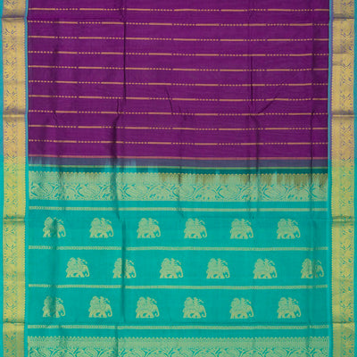Purple Handloom Silk Cotton Saree With Stripes And Animal Motifs