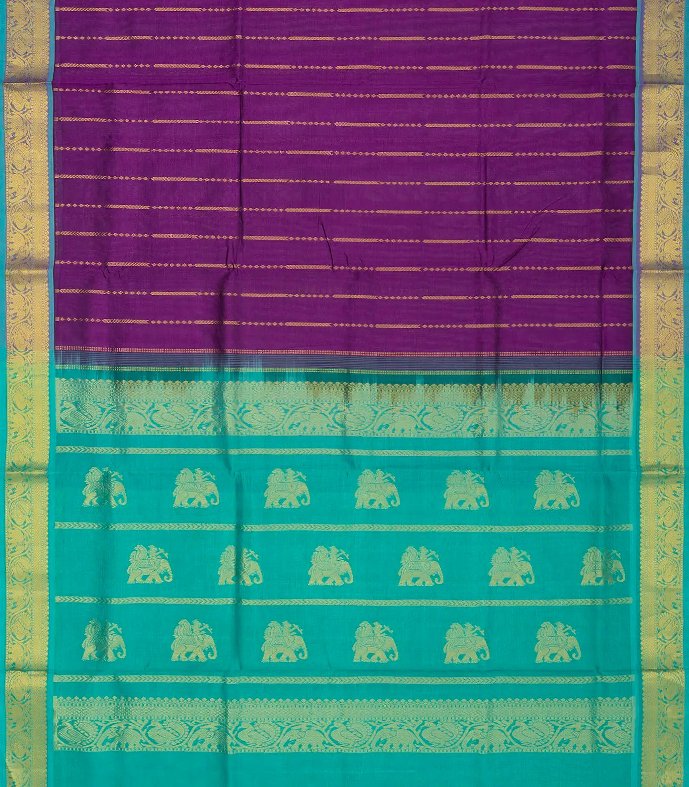 Purple Handloom Silk Cotton Saree With Stripes And Animal Motifs