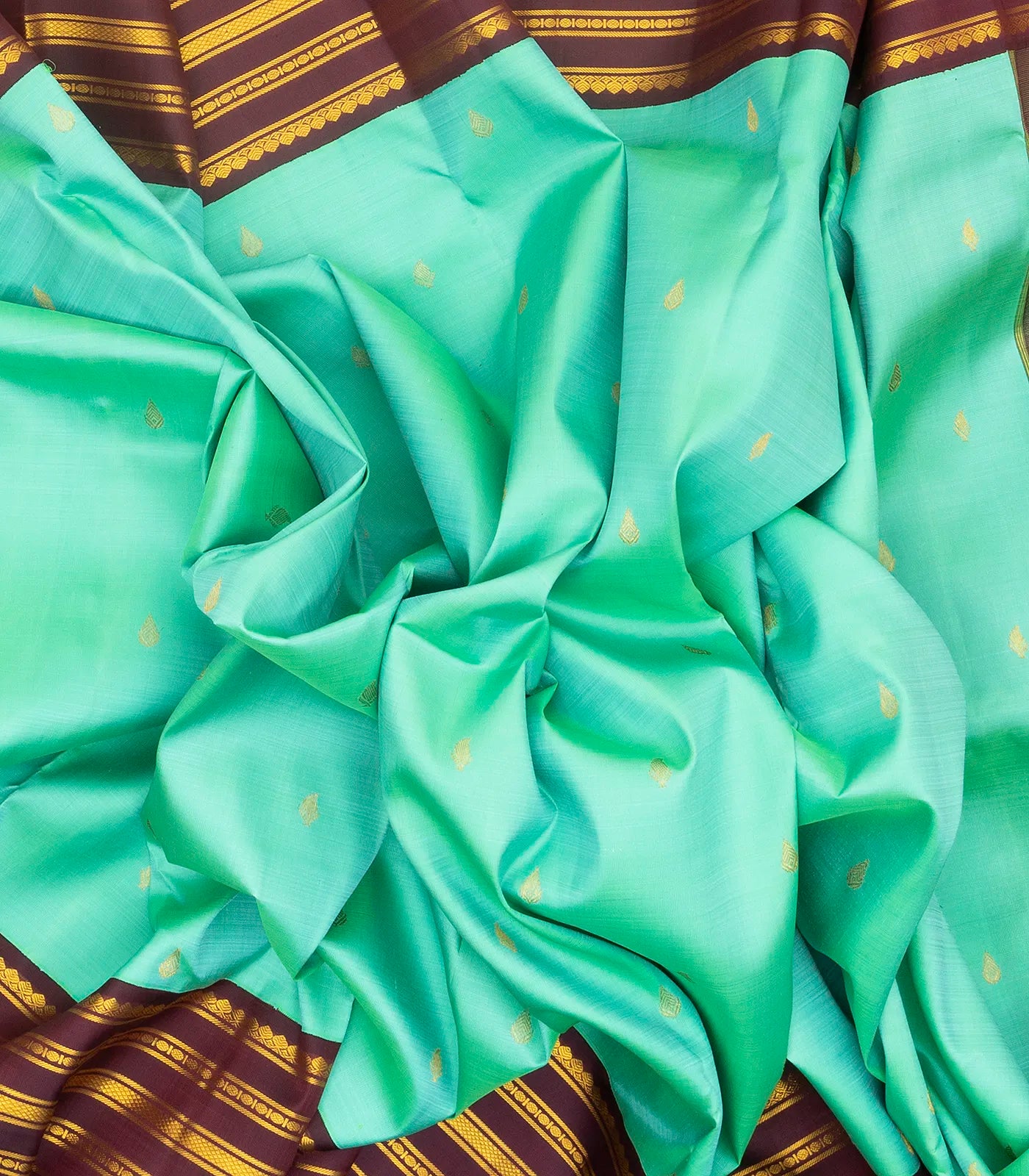 Turquoise Handloom Kanchipuram Korvai Silk Saree With Buttas