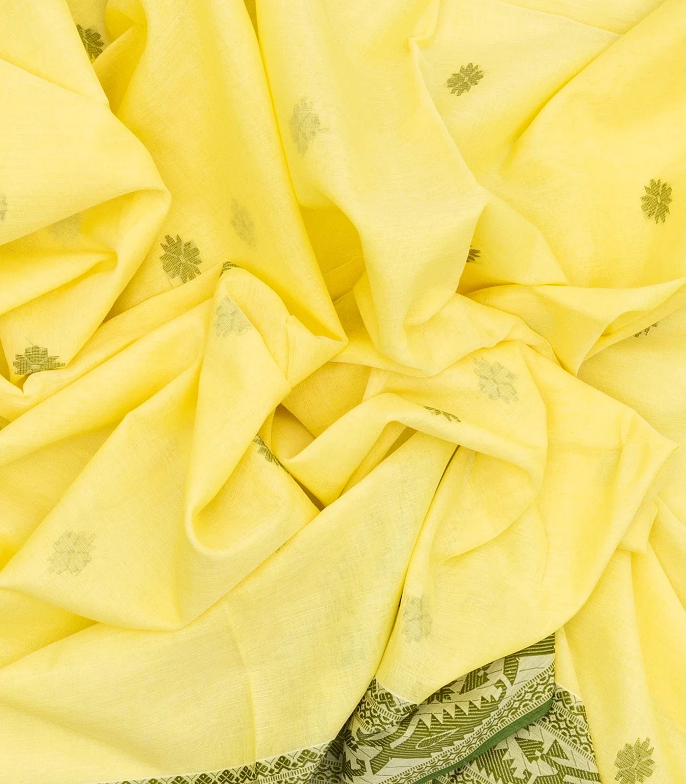 Lemon Yellow Handloom Bengal Cotton Saree With Floral Buttas