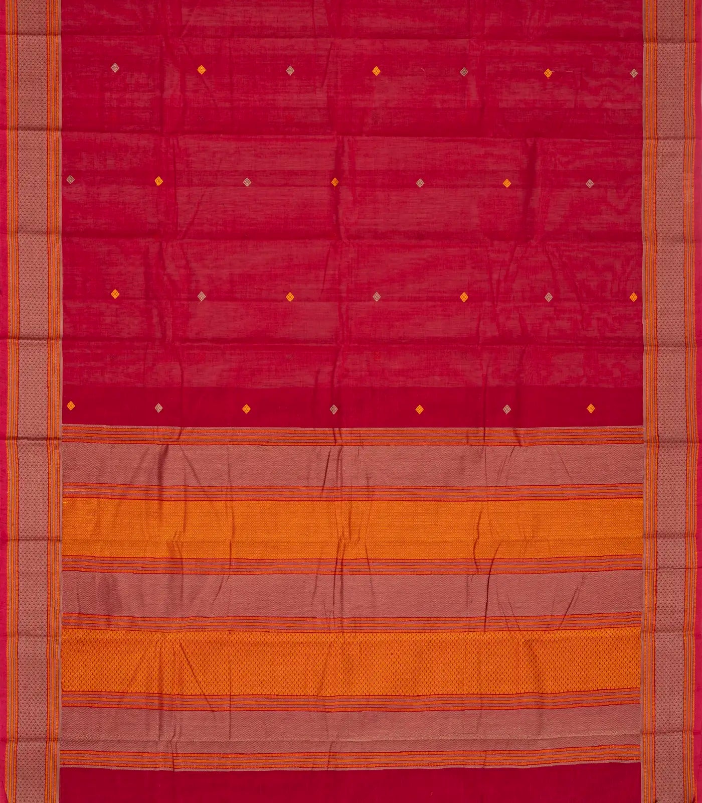 Red Handloom Kanchi Cotton Saree With Diamond Motifs