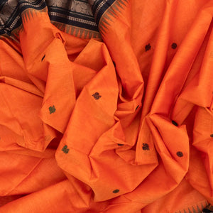 Orange Handloom Korvai Kanchi Cotton Saree With Annam Buttas