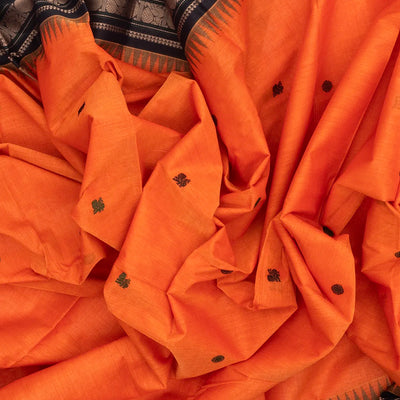 Orange Handloom Korvai Kanchi Cotton Saree With Annam Buttas