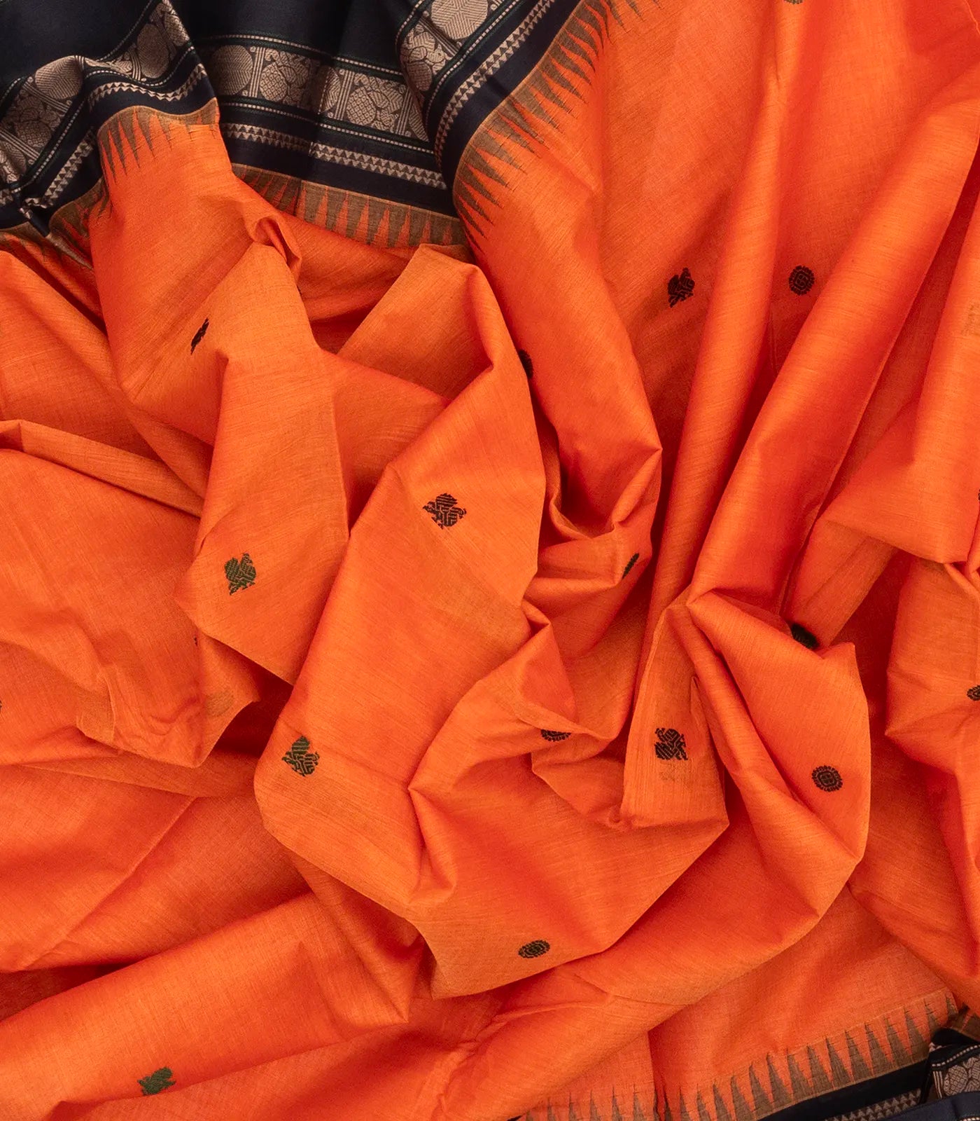 Orange Handloom Korvai Kanchi Cotton Saree With Annam Buttas