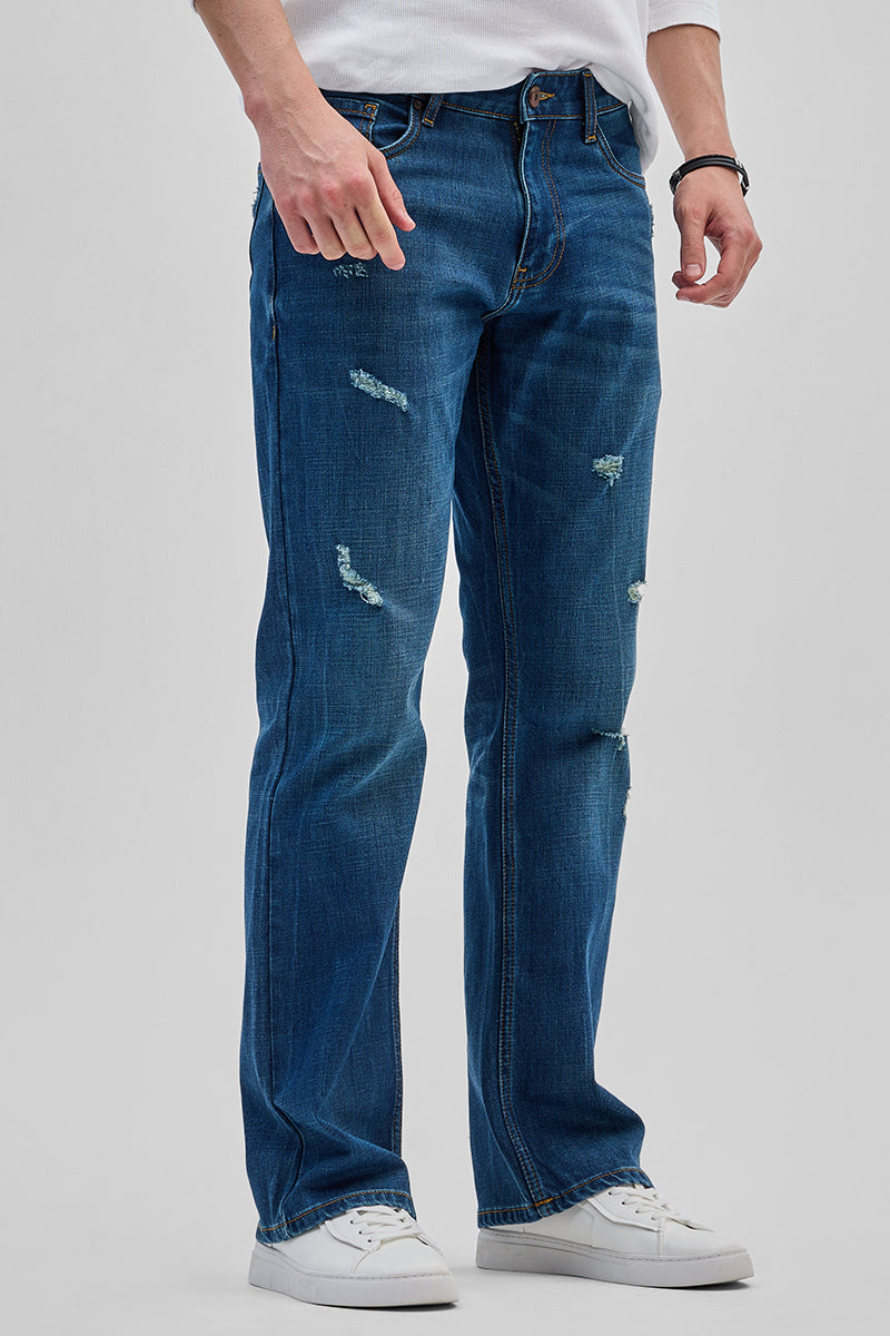 Denim Blue Distressed Bootcut Jeans