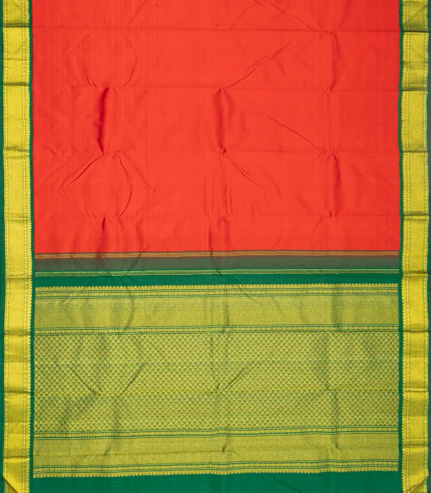 Red Handloom Kanchipuram Korvai Silk Saree With Green Border
