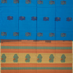 Blue Handloom Kora Silk Cotton Saree And Mustard Pallu