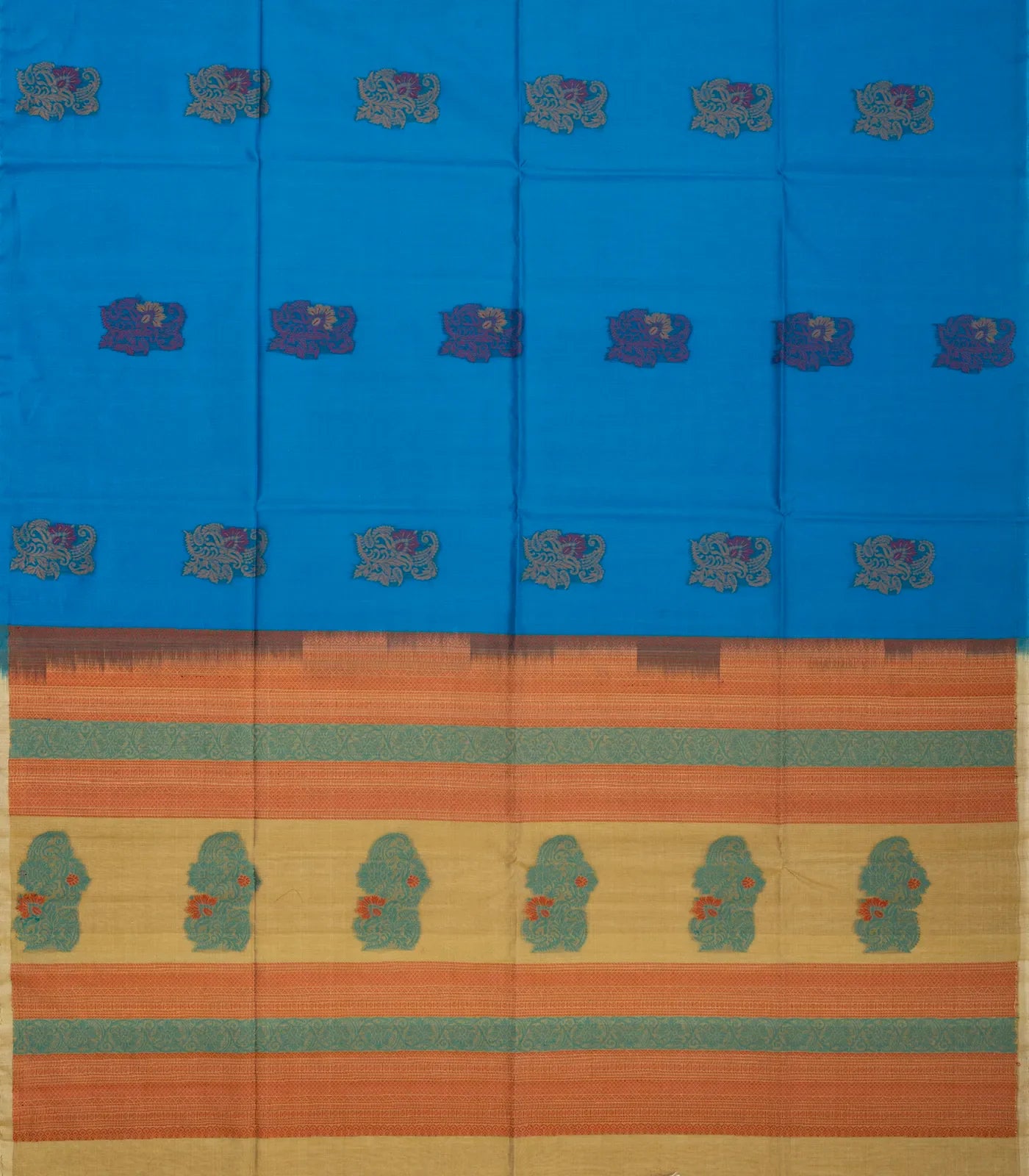 Blue Handloom Kora Silk Cotton Saree And Mustard Pallu
