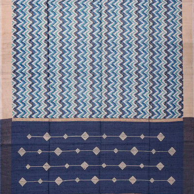 Light Blue Handwoven Tussar Silk Saree With Printed Chevron Motifs