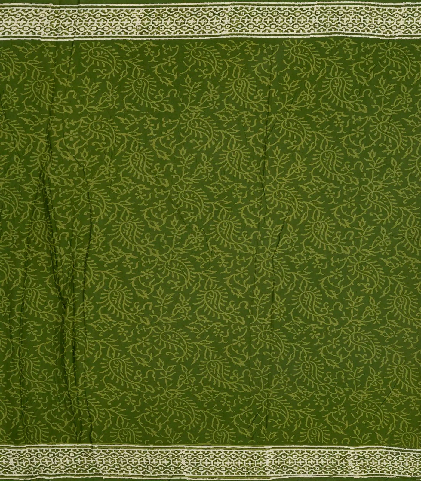 Leafy Green Woven Jaipur Cotton Saree Printed With White Floral Motifs