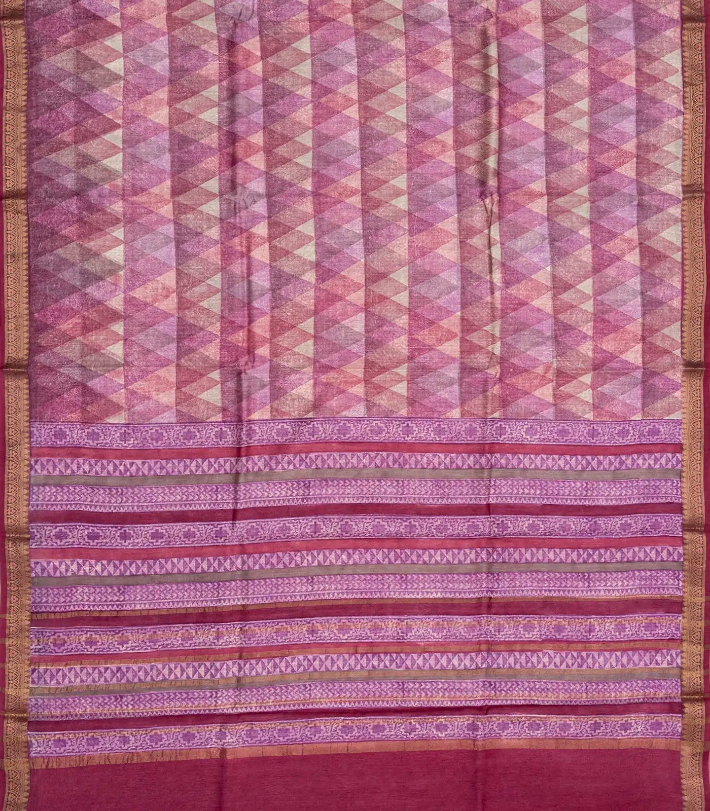 Lavender Tussar Silk Saree Is Printed With Triangle Motifs