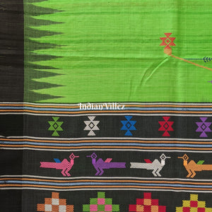 Parrot Green Ganjam Bomkai Theme Gopalpur Tussar Silk Saree