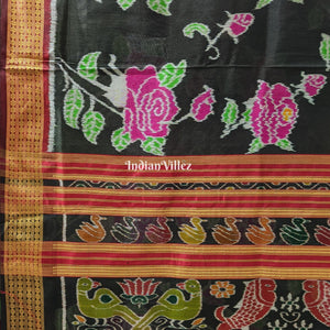 Black Rose Flower Theme Khandua Silk Saree