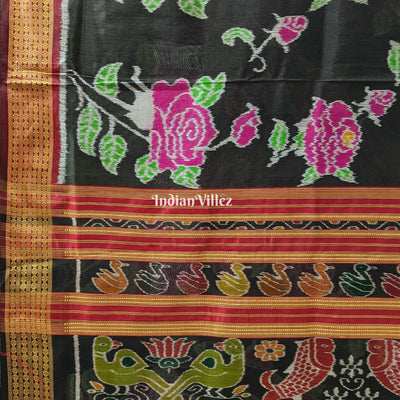 Black Rose Flower Theme Khandua Silk Saree