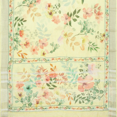 Light Yellow Handloom Linen Saree With Printed Floral Motifs