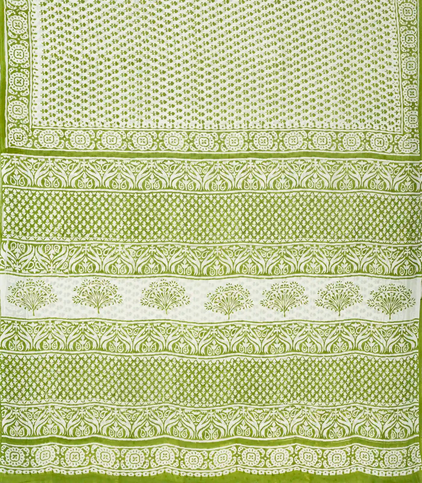 White Woven Jaipur Cotton Saree Printed With Green Floral Motifs