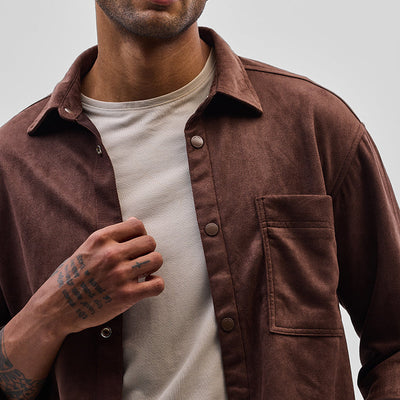 Brown Suede Snap Button Overshirt