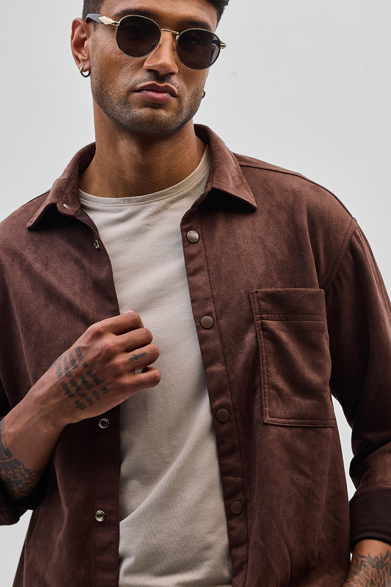 Brown Suede Snap Button Overshirt