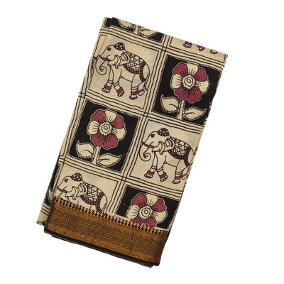 Taupe Handloom Kalamkari Cotton Saree With Printed Elephant Motifs